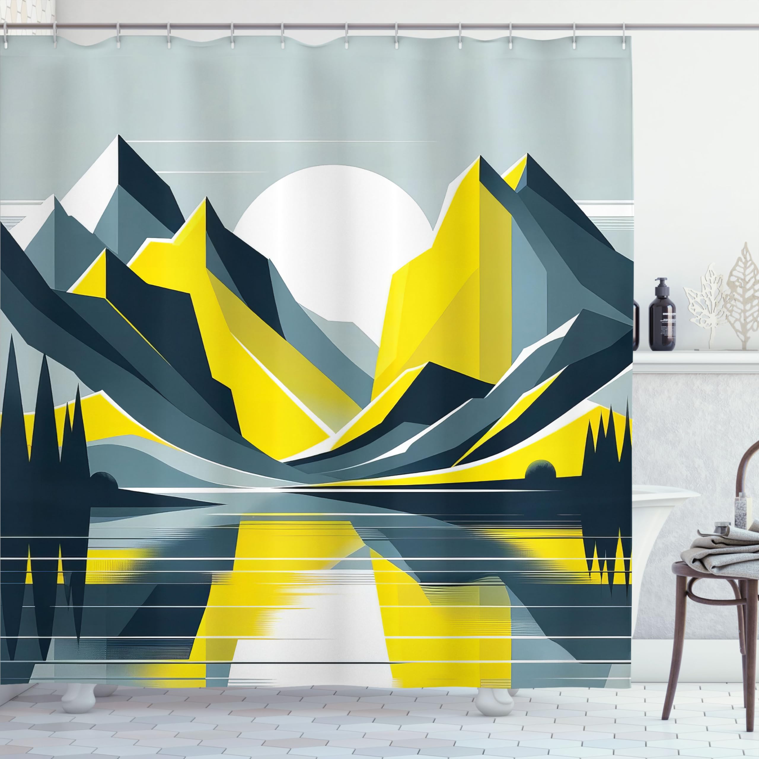 Ambesonne Lake Shower Curtain, Mid Century Modern Boho Art Of Sunrise Scenery With Minimalist Mountains, Cloth Fabric Bathroom D